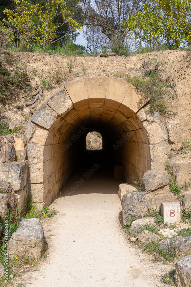 Tunnel connecting the stadium in archaeological site of ancient Nemea, Greece