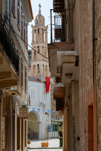 Fototapeta Naklejka Na Ścianę i Meble -  St. George Metropolitan Church bell tower view it the streets of Nafplio, Greece