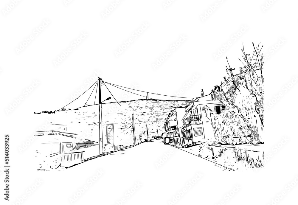 Building view with landmark of Mytilene is the capital in Lesbos. Hand drawn sketch illustration in vector. Building view with landmark of Mytilene is the capital in Lesbos. Hand drawn sketch illustration in vector.