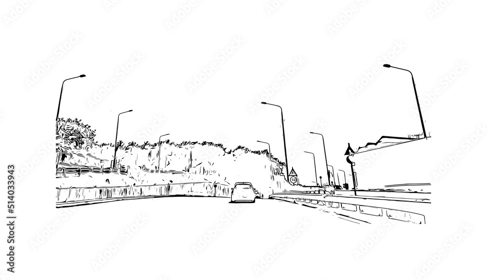 Obraz premium Building view with landmark of Mytilene is the capital in Lesbos. Hand drawn sketch illustration in vector.