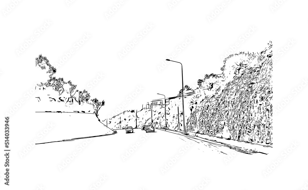 Building view with landmark of Mytilene is the capital in Lesbos. Hand drawn sketch illustration in vector. Building view with landmark of Mytilene is the capital in Lesbos. Hand drawn sketch illustration in vector.