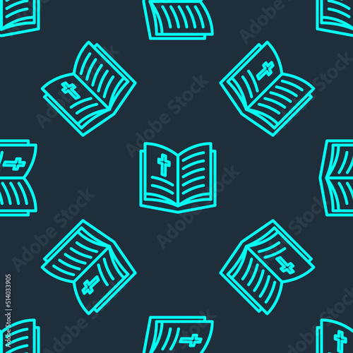 Green line Holy bible book icon isolated seamless pattern on blue background. Vector