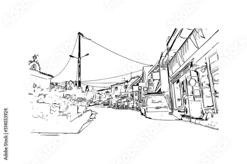 Building view with landmark of Mytilene is the capital in Lesbos. Hand drawn sketch illustration in vector.