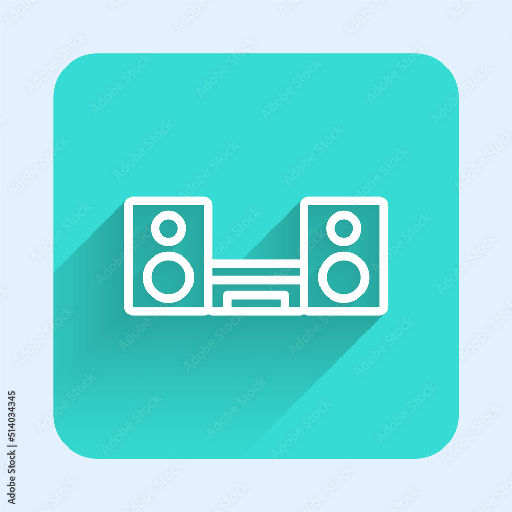 White line Home stereo with two speakers icon isolated with long shadow background. Music system. Green square button. Vector White line Home stereo with two speakers icon isolated with long shadow background. Music system. Green square button. Vector
