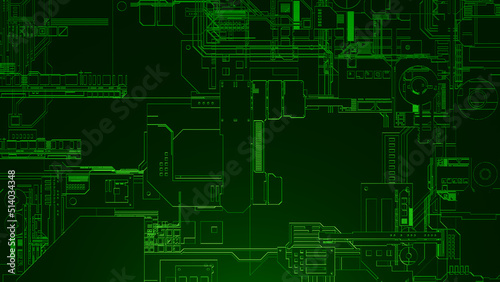 Greeble Green Machine DataAbstract Pattern Background 3D Illustration 