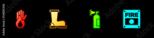 Set No fire, Fire boots, extinguisher and alarm system icon. Vector