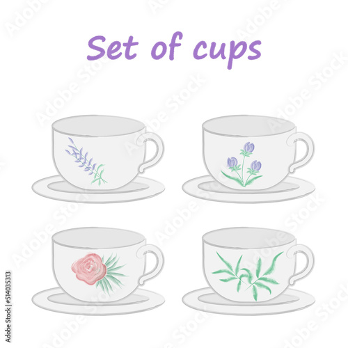 A set of watercolor cups with plants. Isolated vector objects.