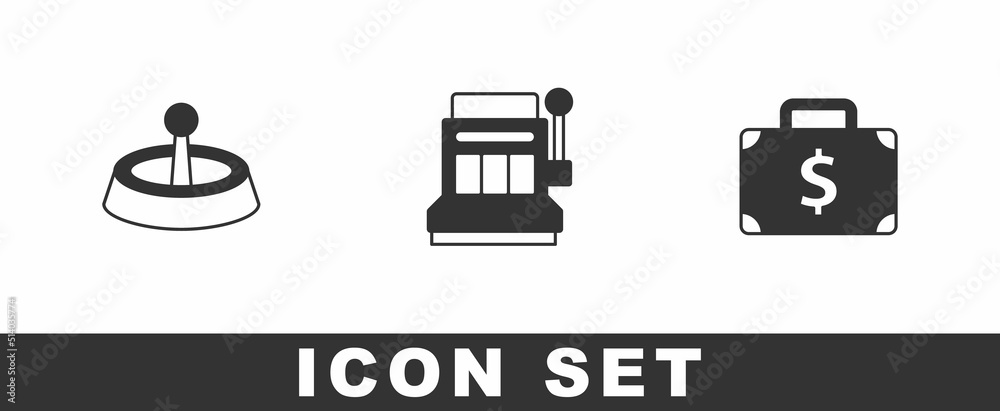 Set Casino roulette wheel, Slot machine and Briefcase and money icon. Vector Set Casino roulette wheel, Slot machine and Briefcase and money icon. Vector