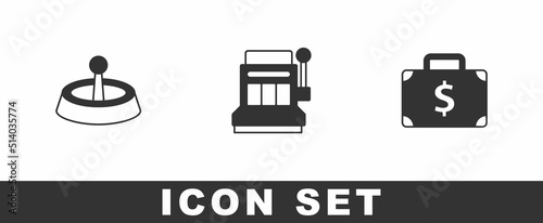 Set Casino roulette wheel, Slot machine and Briefcase and money icon. Vector