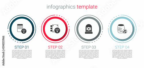Set Air humidifier, Digital door lock, Ringing alarm bell and Voice assistant. Business infographic template. Vector