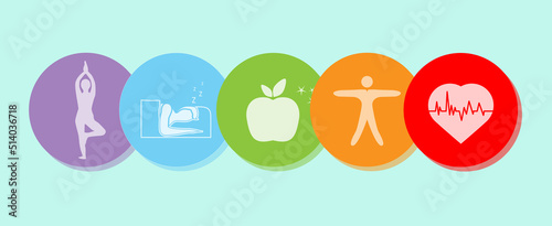 How to boost your immune system naturally. Symbol of healthy lifestyle on colorful design. Healthy heart, Healthy food, Good sleep, Yoga. Icons set -vector