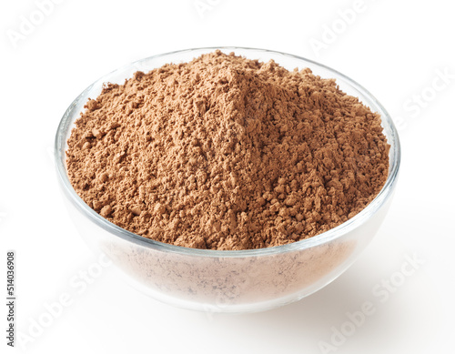 Cocoa powder in glass bowl isolated on white background with clipping path