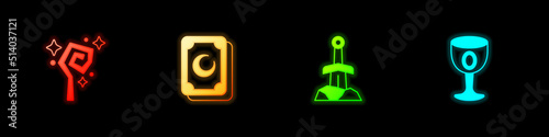 Set Magic staff, Tarot cards, Sword in the stone and Medieval goblet icon. Vector