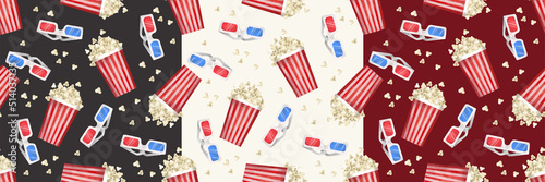 Set of hand drawn seamless patterns with cinema elements. Colorful texture with popcorn buckets and 3d glasses on different backgrounds. Can be used for thematic wallpapers, package and surface design
