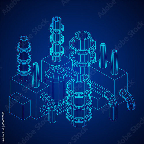 Industrial building factorie facilitie power plant. Wireframe low poly mesh