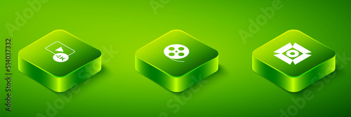 Set Isometric Film reel, Movie spotlight and Screen tv with 4k icon. Vector