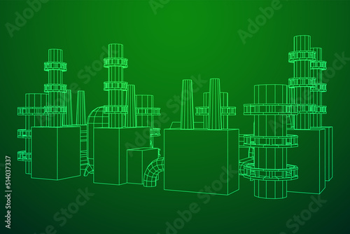 Industrial building factorie facilitie power plant. Wireframe low poly mesh