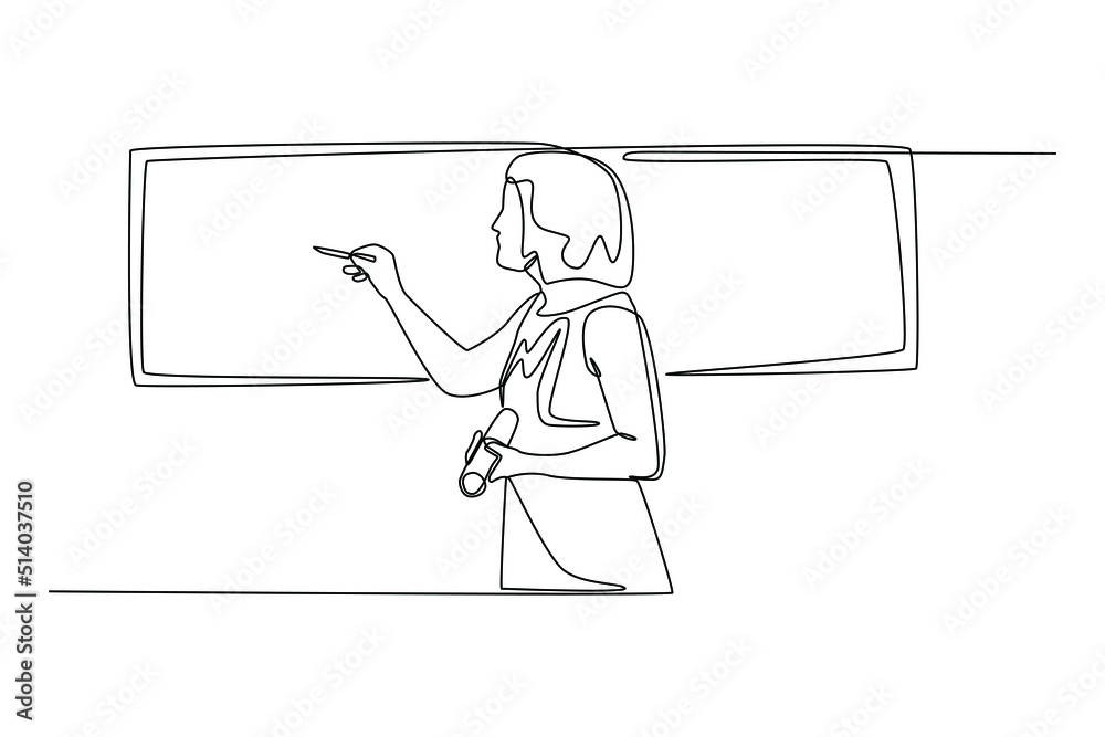 Continuous one line drawing Woman coach showing project management studies on the whiteboard. Communication and Project management concept. Single line draw design vector graphic illustration. Continuous one line drawing Woman coach showing project management studies on the whiteboard. Communication and Project management concept. Single line draw design vector graphic illustration.