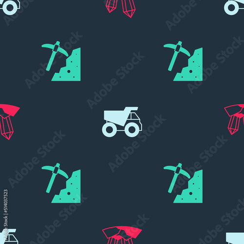 Set Gem stone, Mining dump truck and Pickaxe on seamless pattern. Vector