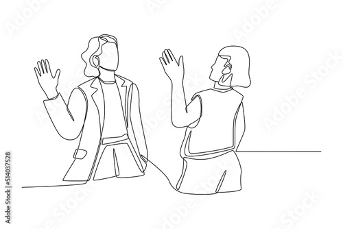 Continuous one line drawing Two women meeting and greeting each other, waving with hand. Communication concept. Single line draw design vector graphic illustration.