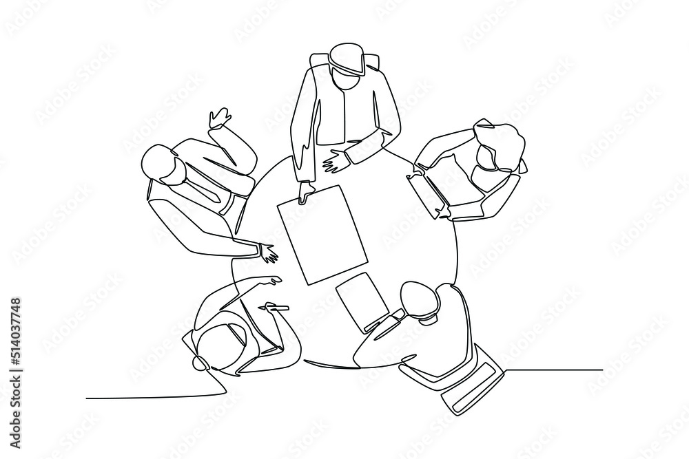 Continuous one line drawing top of view businesspeople brainstorming sitting at table together. Communication and Project management concept. Single line draw design vector graphic illustration.