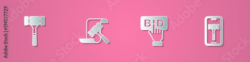 Set paper cut Auction hammer, Bid and Online auction icon. Paper art style. Vector