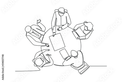 Continuous one line drawing top of view businesspeople brainstorming sitting at table together. Communication and Project management concept. Single line draw design vector graphic illustration.