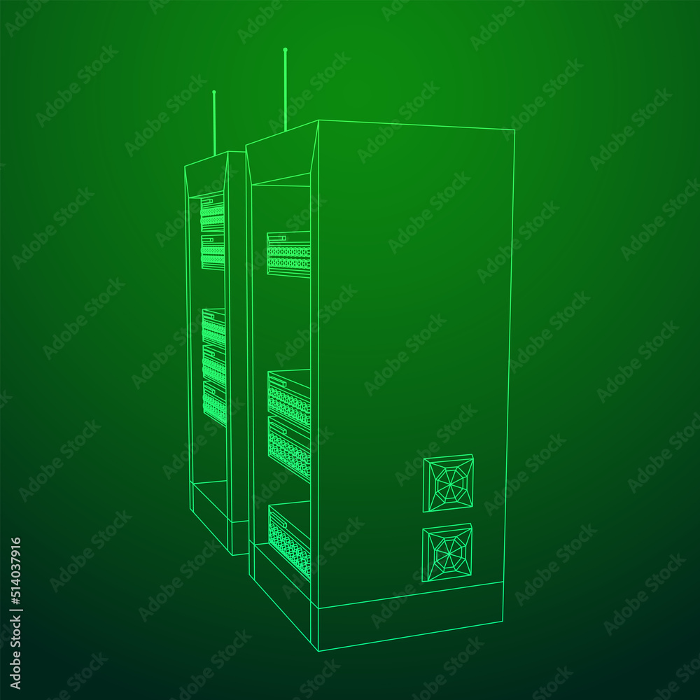 Data network server in cabinet. Diagnostic test in computer room technology