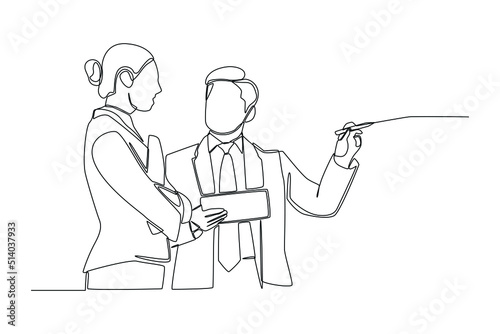 Single one line drawing manager is giving directions about her duties. Career success concept. Continuous line draw design graphic vector illustration.