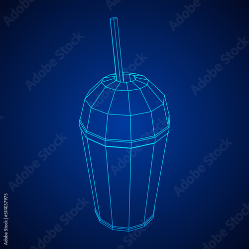 Paper cup with straw. Drink Fast food. Wireframe vector illustration