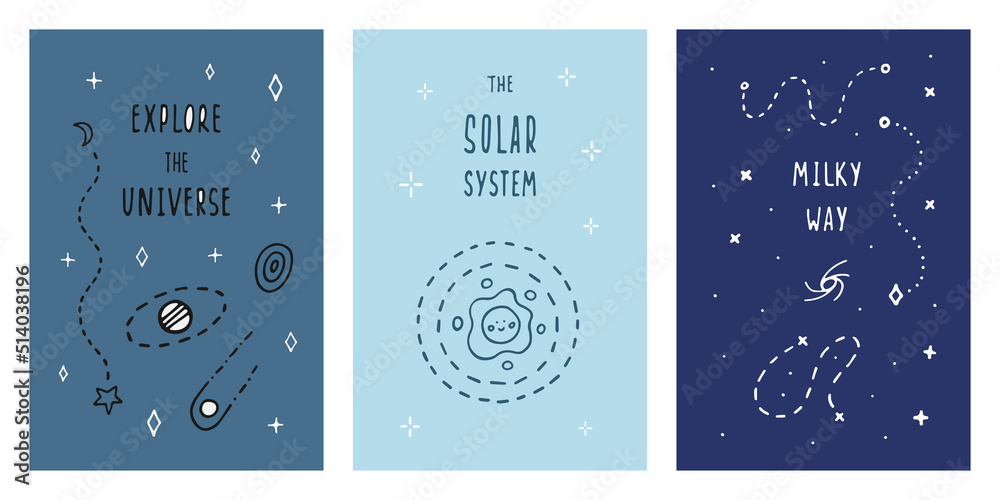 Bright shiny vector set of vertical posters with many elements on the theme of space and astronomy. Cute children's doodles for interior, decor, textiles, fabrics, children's things, gifts