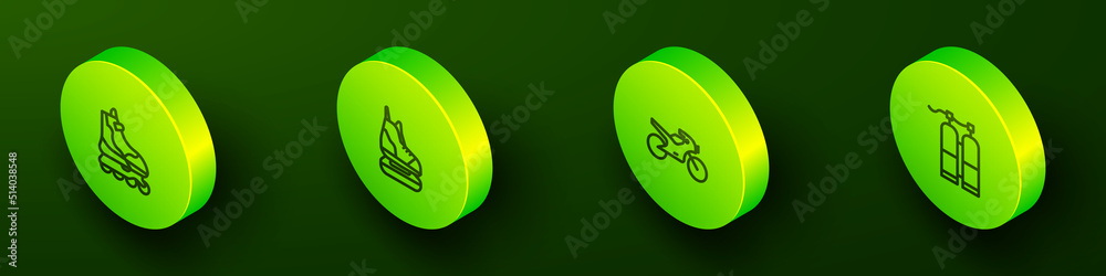 Set Isometric line Roller skate, Skates, Motorcycle and Aqualung icon. Vector Set Isometric line Roller skate, Skates, Motorcycle and Aqualung icon. Vector