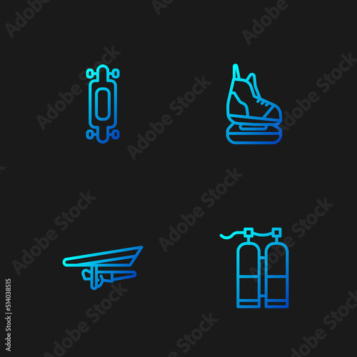 Set line Aqualung, Hang glider, Longboard or skateboard and Skates. Gradient color icons. Vector