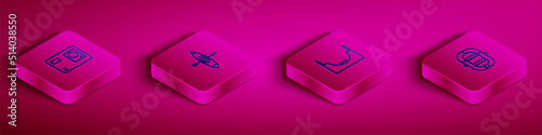 Set Isometric line Action extreme camera, Kayak or canoe, Skate park and Rafting boat icon. Vector