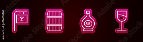 Set line Street signboard with Bar, Wooden barrel, Bottle of cognac or brandy and Wine glass. Glowing neon icon. Vector