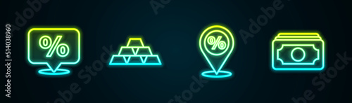 Set line Discount percent tag, Gold bars, Location with discount and Stacks paper money cash. Glowing neon icon. Vector