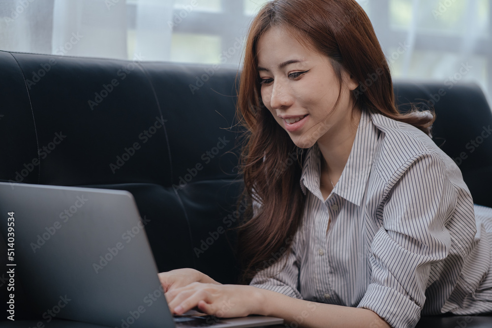 Happy smiling business woman using laptop for working and study at home or office space. Happy smiling business woman using laptop for working and study at home or office space.