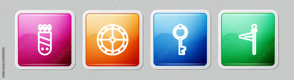 Set line Quiver with arrows, Round wooden shield, Old key and Medieval flag. Colorful square button. Vector Set line Quiver with arrows, Round wooden shield, Old key and Medieval flag. Colorful square button. Vector