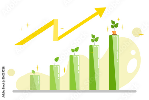 Growth chart with plant growing. Increasing growth rate demonstration with the growth of plant and bar chart on white background. Yellow and green vector illustration.