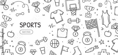 Hand drawn doodle set of sports theme items. Horizontal banner template. Sketch style illustration.