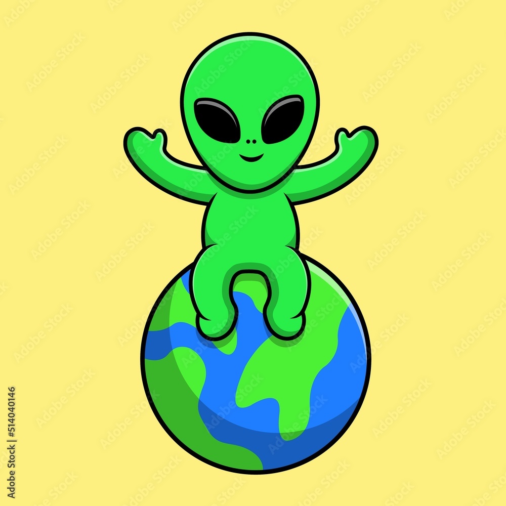 Cute Alien Sitting On Earth Cartoon Vector Icon Illustration. Animal