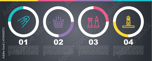 Set line Satellite, Sauna bucket, Chess and Slavic pagan idol. Business infographic template. Vector