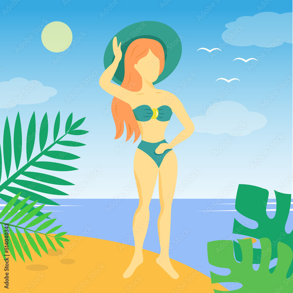 Beach vibe concept. Beautiful woman on the beach on vacation is having a great time. Illustration in a flat style.