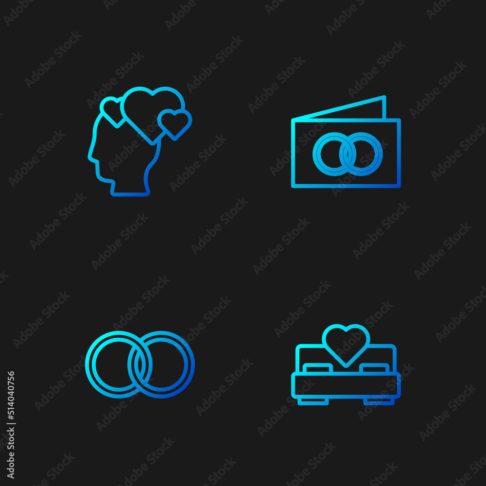 Set line Bedroom, Wedding rings, Head with heart and Greeting card. Gradient color icons. Vector Set line Bedroom, Wedding rings, Head with heart and Greeting card. Gradient color icons. Vector