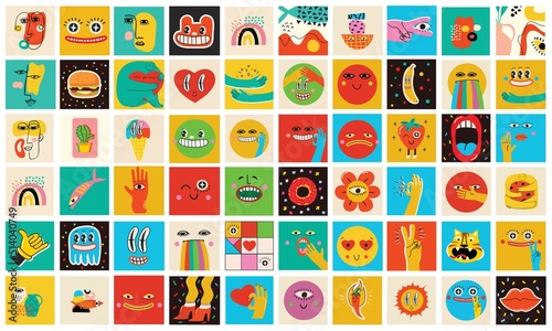 Collection of Round abstract comic Faces with various Emotions. Crazy Abstract comic geometric shape characters elements and faces. Vector Illustration