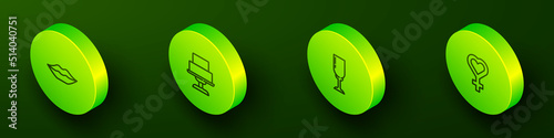 Set Isometric line Smiling lips, Wedding cake, Glass of champagne and Female gender symbol icon. Vector