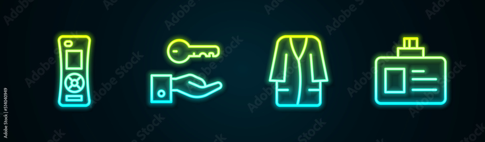 Set line Remote control, Hotel door lock key, Bathrobe and Identification badge. Glowing neon icon. Vector Set line Remote control, Hotel door lock key, Bathrobe and Identification badge. Glowing neon icon. Vector