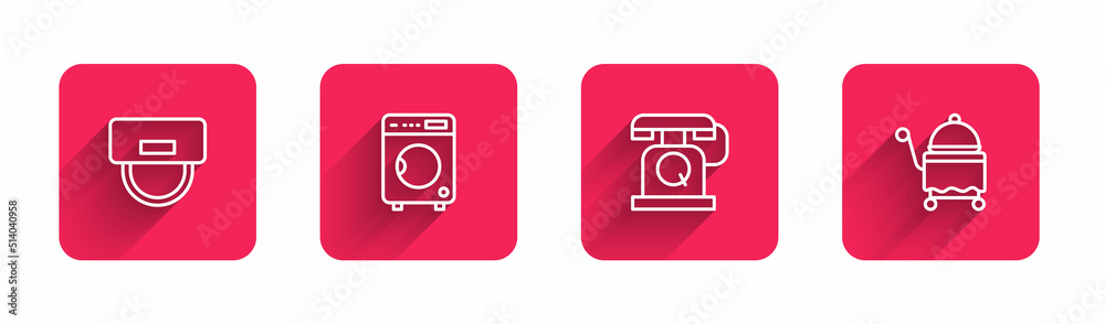 Set line Bellboy hat, Washer, Telephone handset and Covered with tray with long shadow. Red square button. Vector Set line Bellboy hat, Washer, Telephone handset and Covered with tray with long shadow. Red square button. Vector
