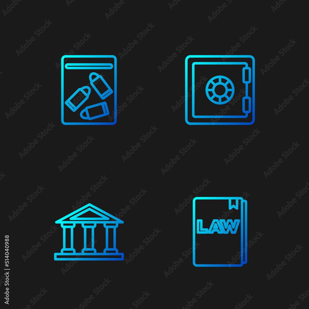 Set line Law book, Courthouse building, Evidence bag and bullet and Safe. Gradient color icons. Vector
