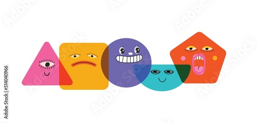 Collection of Round abstract comic Faces with various Emotions. Crazy Abstract comic geometric shape characters elements and faces. Vector Illustration